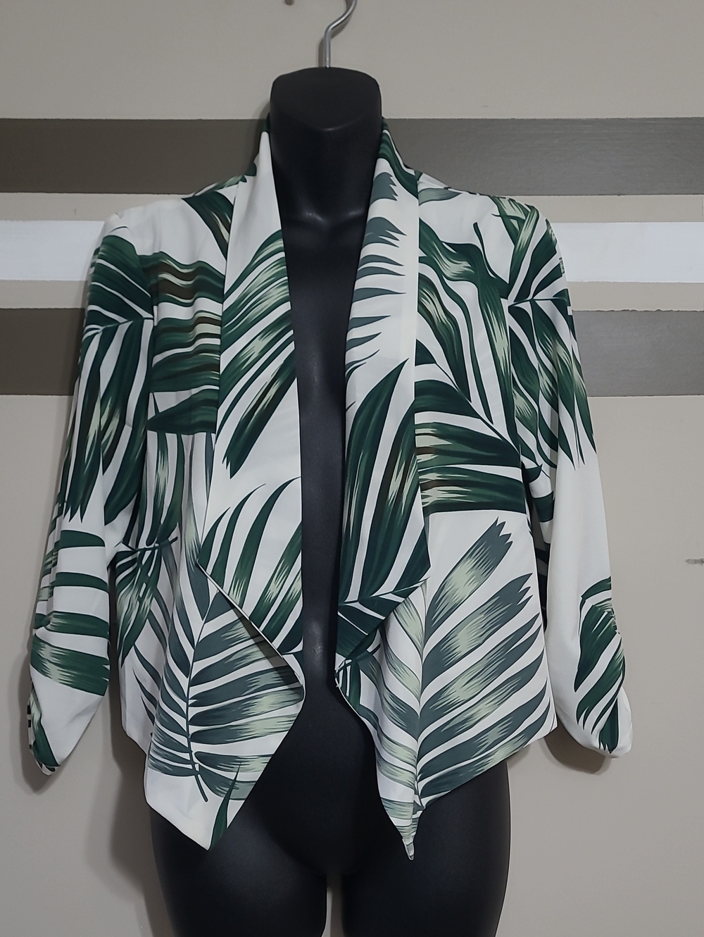 NWOT WDG Green/White Tropical Print Open-Front 3/4 Sleeve Blazer Jacket Sz Med